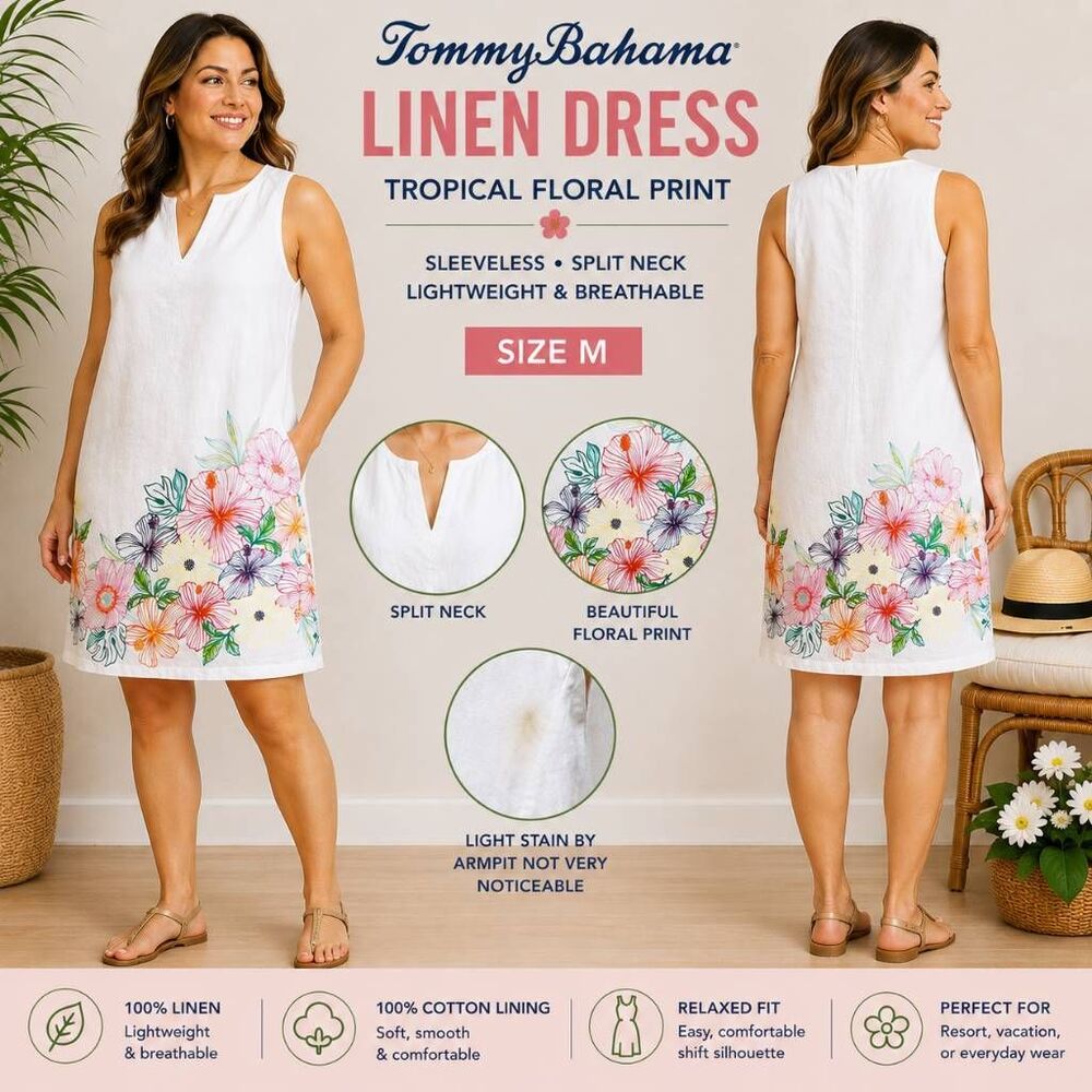 Tommy Bahama Women’s M White Linen Floral Shift Dress Sleeveless Tropical
